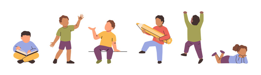 Kids learning and studying. Vector isolated active children reading book, laying on ground and relaxing. Small personage with large pencil. Drawing or writing, creative school pupils with no face