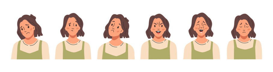 Female character expressing sadness and negative emotions. Vector in flat style, isolated woman feeling down or upset. Sadness mimics and running tears, avatar or portrait of young girl