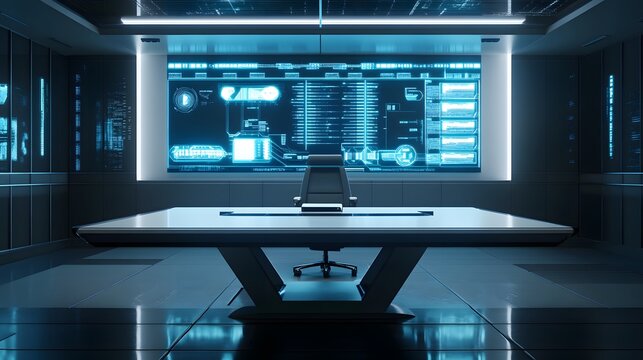 Futuristic Command Center: A sleek and modern command center, bathed in cool blue light, features a large screen displaying complex data visualizations and a central table with an executive chair.