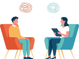 Professional therapy session between psychologist and patient, mental health consultation, counseling support concept, emotional healing and psychological care illustration