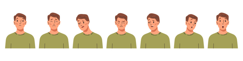 Cartoon men characters. Vector young male personage with negative facial expressions. Guy faces avatar expressing pessimistic emotion. Hate and anger, jealousy and sadness, fear and anxiety
