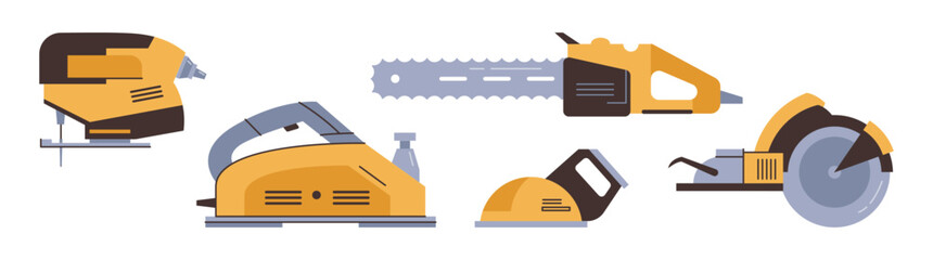Handyman and carpenter tools. Vector in flat style, isolated set of icons for builders and workers. Sanding machine and jigsaw, saw with sharp blade for cutting wood, woodwork and construction