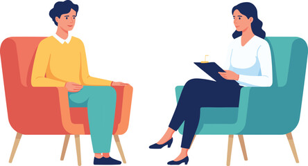 Male patient speaking with female therapist during counseling session, mental health consultation, psychological support, and emotional wellness care illustration.