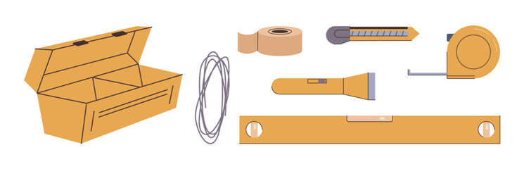 Toolbox with instruments for handyman. Vector in flat style, isolated set of essential equipment for worker. Wire and measuring tape, spirit level and knife, flashlight for better visibility