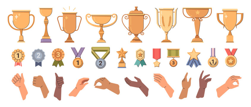 Medals and golden trophies and awards. Vector in flat style, isolated set of prizes and goblets for winners and champions. Hands of personages holding or taking object, motion or gesture