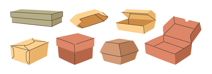 Bags and boxes for takeaway delivery. Vector in flat style, isolated set of eco packaging for food and dishes from shops and restaurants. Cardboard recyclable paper for take out products or orders