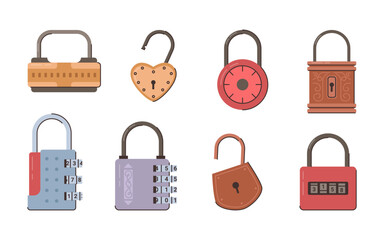 Locked and unlocked padlocks with codes, isolated set. Vector lock with keyhole in form of circle, heart and rectangle. Confidentiality and security of gates and lockers, storage units and luggage