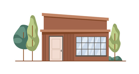 Shop exterior with trees and lawn. Vector isolated supermarket building facade with wooden design, panoramic window and entrance. Small shopping store with minimalist architectural elements