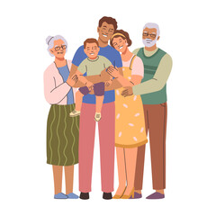 Parents and children hugging and smiling, love and support. Vector isolated cheerful stable family of father, mother and son, grandmother and grandfather. Cute cartoon characters embracing
