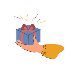 Christmas present with decorative wrapping and bow. Vector isolated hand holding gift for xmas or anniversary, birthday or holiday. Tradition of giving gifts for special occasion for loved ones