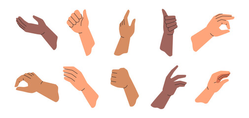 Giving or taking hand gestures set, isolated palms with fingers. Vector help or assistance sign, cartoon icons. Non verbal communication, body movements collection. Speech or convey emotions