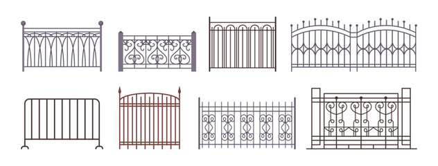 Fence gates set. Vector isolated metal entrance and barriers with decorative motifs. Wrought fence, steel forge doors with wrought iron. Antique garden or park doorway with forged ornaments