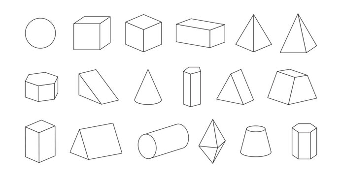 Geometric shapes with different bases. Vector circle and cube, rectangular and triangular, pentagonal and hexagonal parallelepipeds, truncated and regular cones and pyramids, cylinder and octahedron
