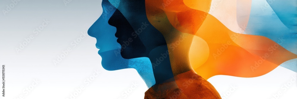 Poster Two Silhouettes Transform Into an Abstract Shape, Creating a Seamless Blend of Colors and Forms in a Harmonious Visual Expression