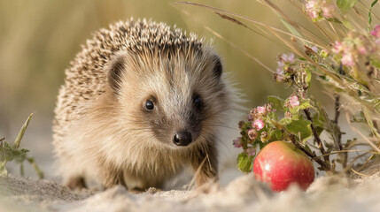 Fototapeta premium a close-up of a hedgehog on a sandy ground. The hedgehog is facing towards the right side