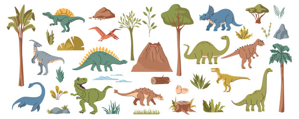 Prehistoric period animals, set of dinosaurs with trees and grasses. Vector dino triceratops and stegosaurus, Jurassic creatures and species with wings, fins and claws. Marine and land wild reptile