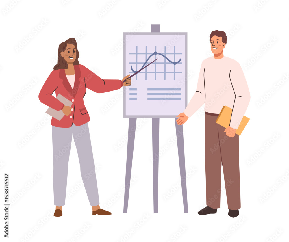 Aufkleber Employees in office working on project tasks. Vector isolated people discussing and brainstorming for ideas. Business development and growth in company. Presentation with charts and diagrams