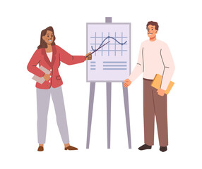 Employees in office working on project tasks. Vector isolated people discussing and brainstorming for ideas. Business development and growth in company. Presentation with charts and diagrams
