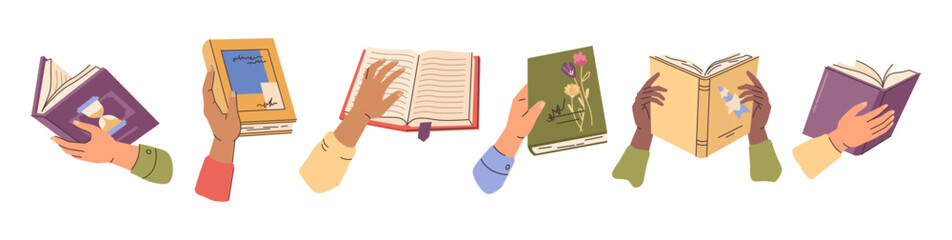 Diverse people holding books. Vector individuals exchanging, borrowing and recommending literature. Hands with publications or notebooks. Persons with textbooks or novels. Education and leisure time