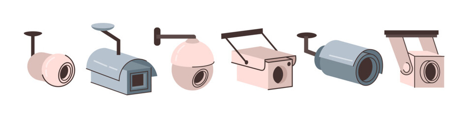 Security cam collection, isolated cctv video cameras. Vector devices for street observe surveillance front and side angle view. Secure guard and property protection, crime prevention