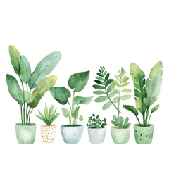 Obraz premium Watercolor plants pots, showcasing various green foliage and textures, create serene atmosphere