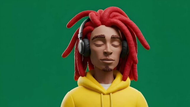 A 3D animated clay character model figure male wearing headphones listening to music with a yellow hoodie, vibrant red dreadlocks, eyes closed, relaxed on green screen background