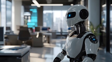 Technological Office Integration: A futuristic robot stands confidently in a modern office setting, surrounded by advanced technology.