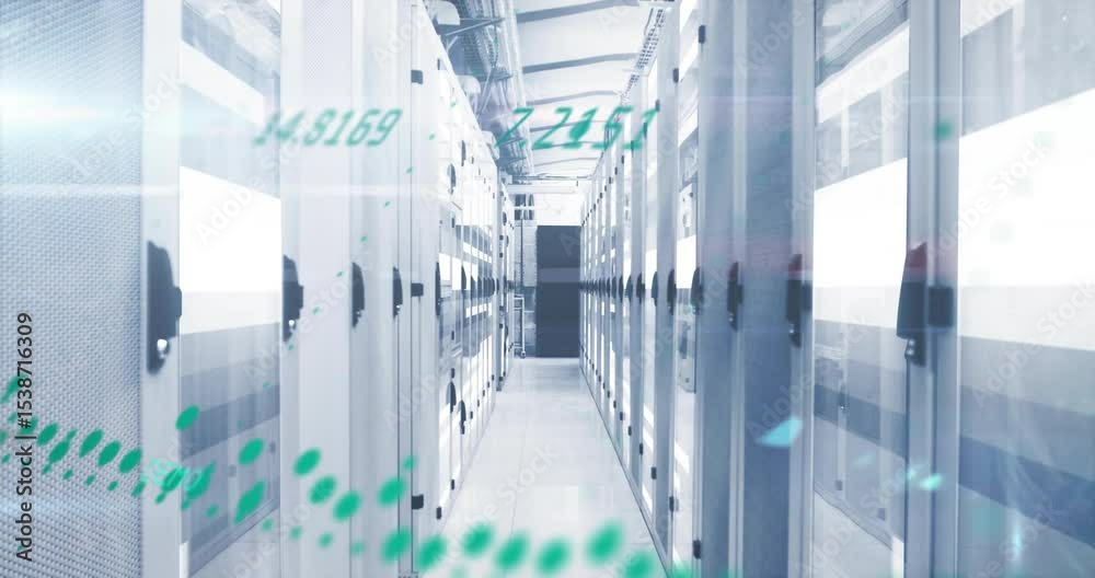 Poster green data dots materializing at left drifting through server corridor showing performance metrics
