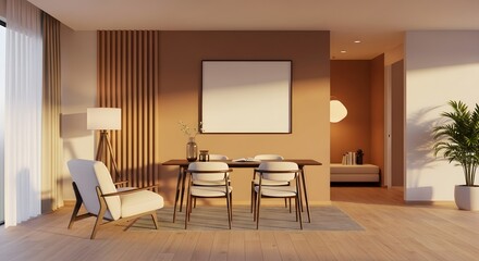 Warm-toned dining room with blank canvas, modern chairs, and natural light