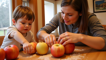 Fototapeta premium Woman and child arranging apples together on kitchen table 
