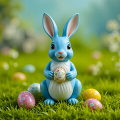 blue easter bunny and easter eggs
