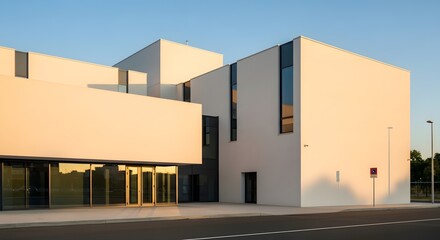 Modern architecture with geometric shapes and golden hour light reflecting in glass doors.