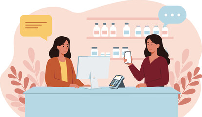 Friendly sales assistants providing excellent customer service, processing transactions at the counter, offering product  flat vector illustration