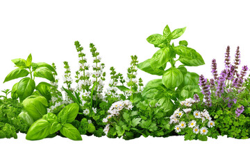 vibrant collection of fresh herbs and flowers isolated on white background