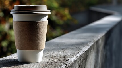 Disposable coffee cup resting on a concrete wall
