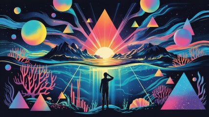 Retro Futuristic Seascape with Pyramids, Planets and Sunrise Horizon