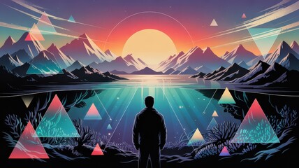 Geometric Sunset Over Stylized Mountains and Reflective Waterscape