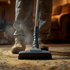 A Close-Up of a Person Vacuuming a Patterned Carpet with Visible Dust Particles, Creating a Clean and Healthy Home Environment