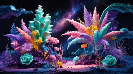 Neon Space Jungle with Surreal Flora Beneath a Starry Galaxy