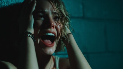Distressed woman screams in fear