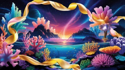 Dreamlike Coral Reef with Golden Ribbon and Planetary Sky Backdrop