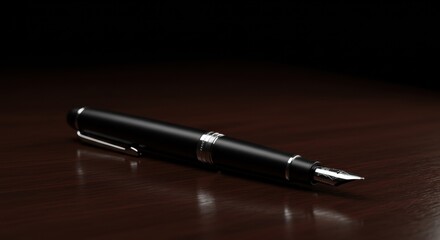 Close-up of Luxury Black Fountain Pen on Dark Wood Desk with Dramatic Lighting