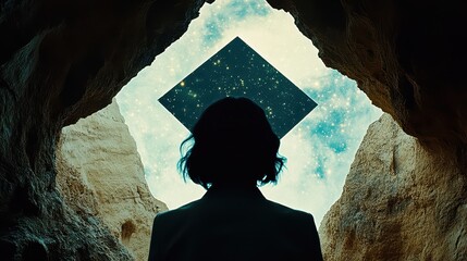 Silhouetted Woman Gazing at a Starry Sky Through a Geometric Portal