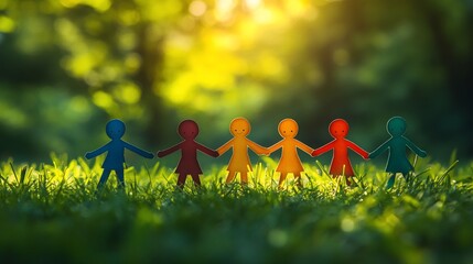 Diverse children holding hands in a grassy park, bathed in sunlight