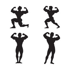 Bodybuilder silhouette poses set, strong male muscular figure flexing arms, ideal for fitness logos