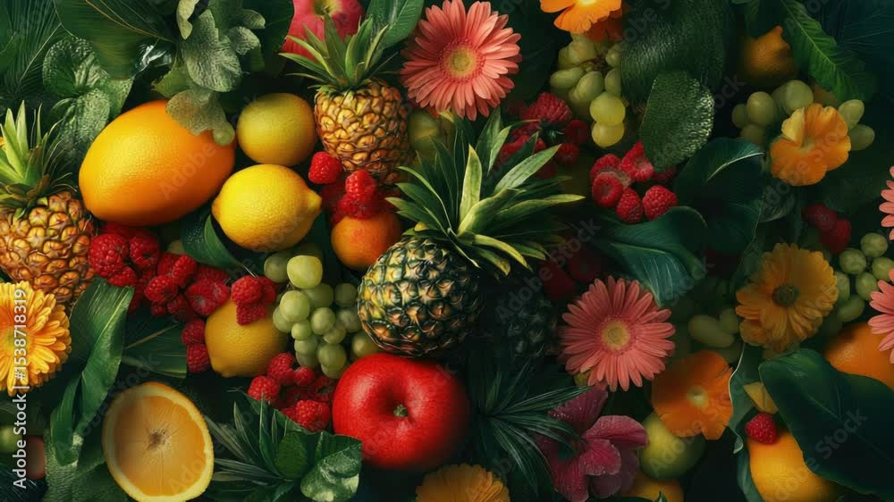 Poster a colorful arrangement of various fruits and vegetables on a table, perfect for use in food blogs or