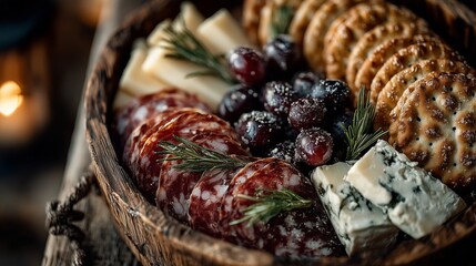 Rustic Charcuterie Board with Assorted Cheese, Cured Meats, Olives, and Crackers