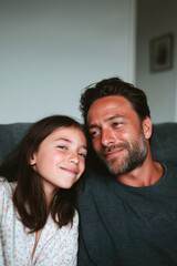 Obraz premium Happy multiracial family portrait of father and daughter smiling together in cozy casual clothes indoors