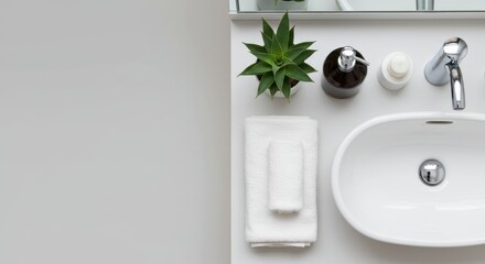 Top View of Modern Bathroom Sink Area with Soap and Towel