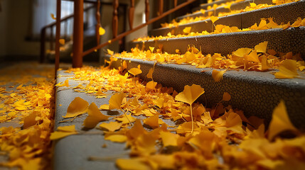Golden Ginkgo Leaves Scattered on Indoor Staircase
